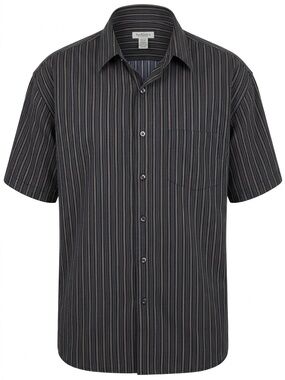 Van Heusen Black Short-Sleeve Button-Down Shirt with Gray and Tan Stripes